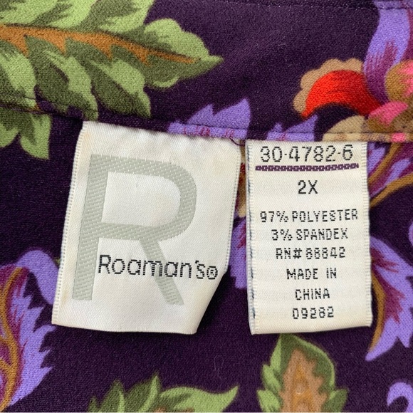 Roamans Shirt Woman 2X  Purple Floral Button Up Long Sleeve Tunic  Side Colorful - Picture 8 of 11